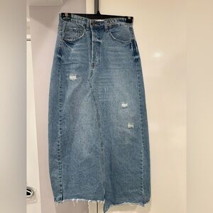 Distressed denim maxi skirt